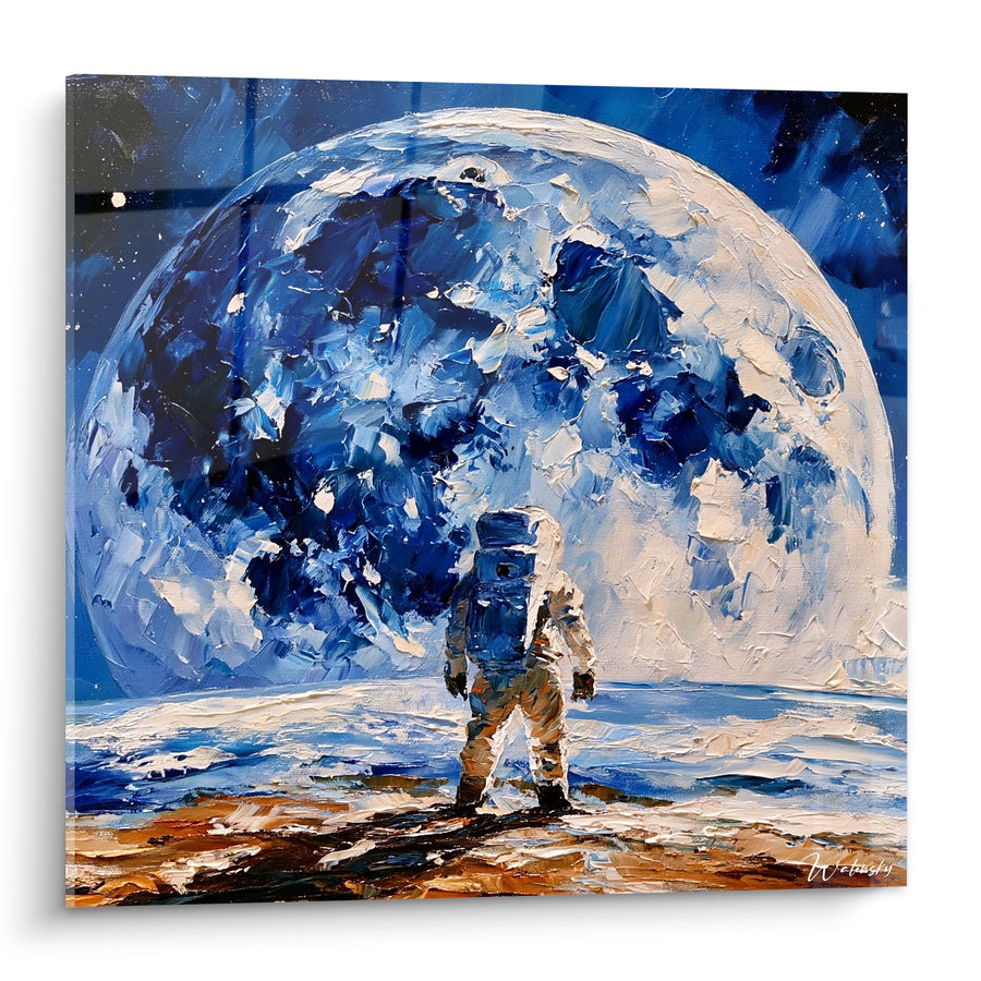 Tableau Astronaute face à une immense sphère bleue - Face à l'immensité - Edition Lune