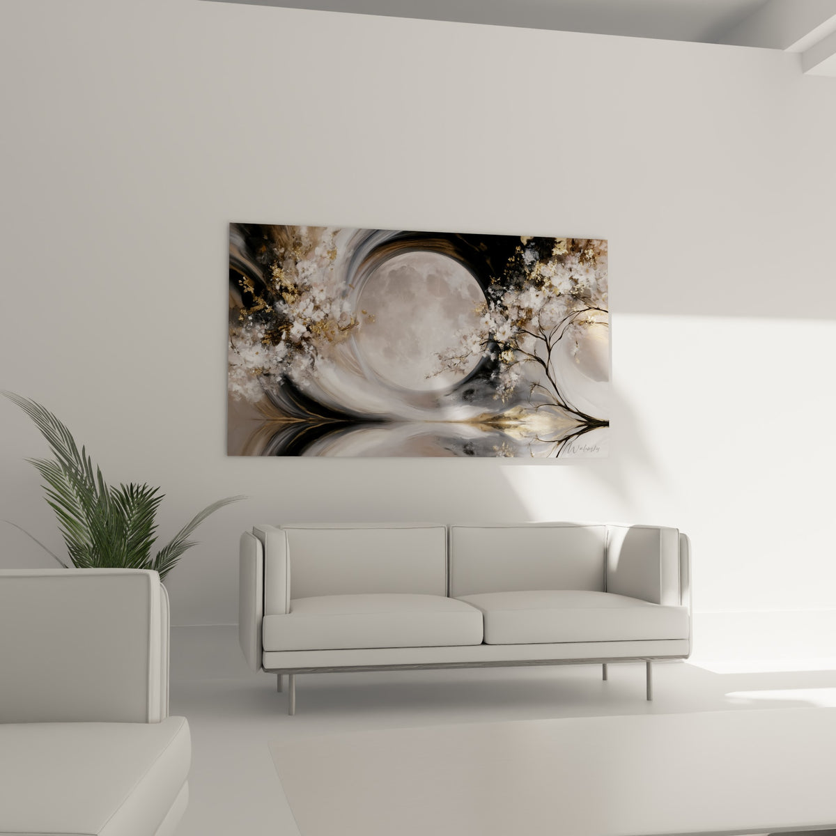 Astre lunaire ivoire et branches fleuries anthracite suspendus au-dessus d'un canapé dans un salon lumineux