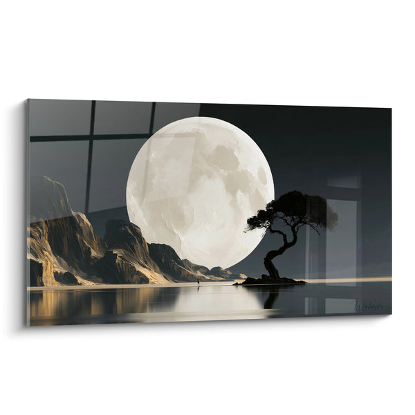 Tableau Pleine lune ivoire et anthracite sur îlot rocheux - Arbre courbé isolé - Edition Lune
