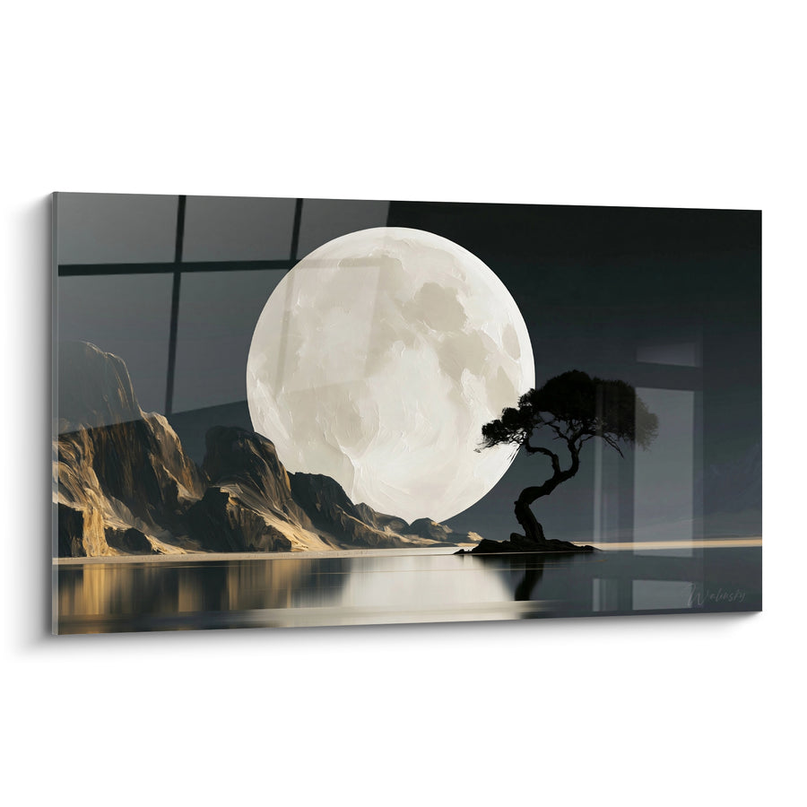 Tableau Lune ivoire et anthracite sur îlot rocheux - Arbre penché sur l'eau - Edition Lune