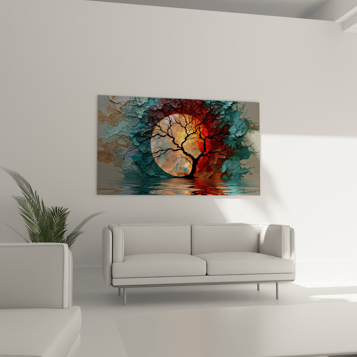 Branches noires enlacent un astre doré entouré de volutes turquoise et rouge, au-dessus d'un canapé dans un salon lumineux