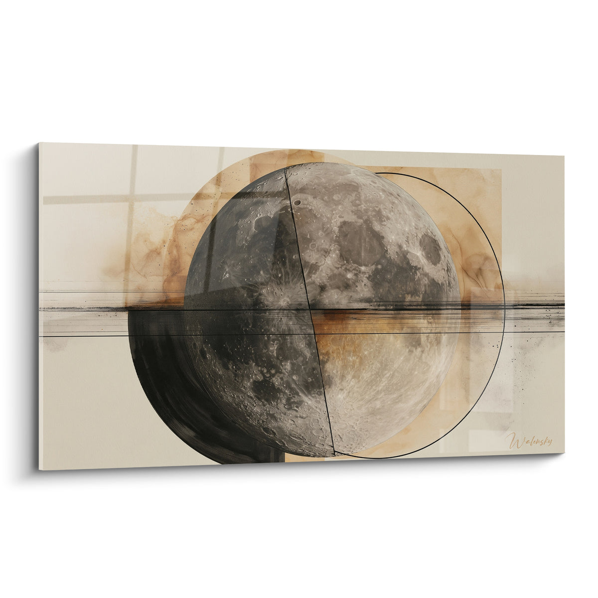 Lune grise et ocre traversée d'un cercle noir, cratères réalistes sur fond aquarelle beige