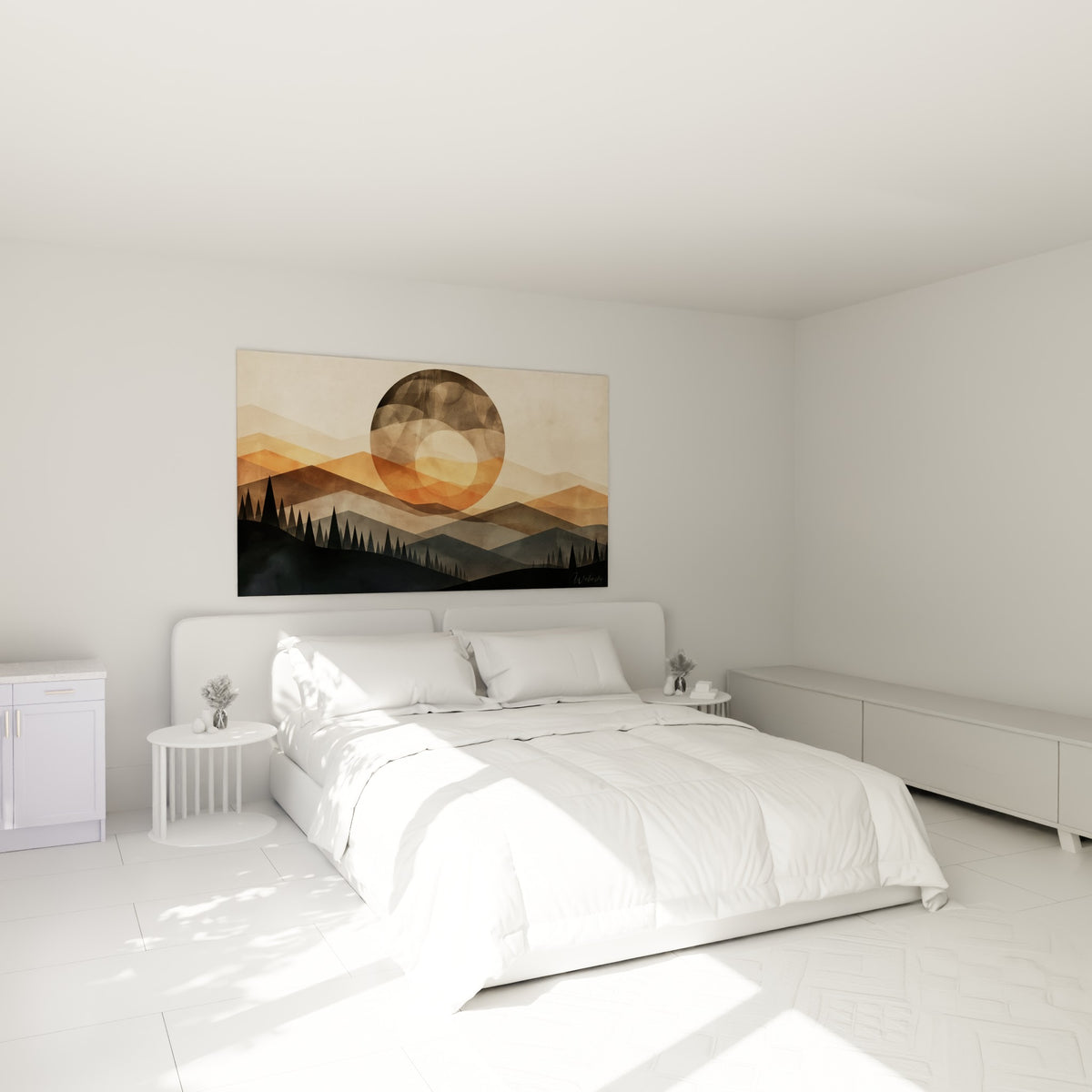 Montagnes géométriques ocre et brun sombre sous un astre gris, accrochées au-dessus d'un lit dans une chambre claire