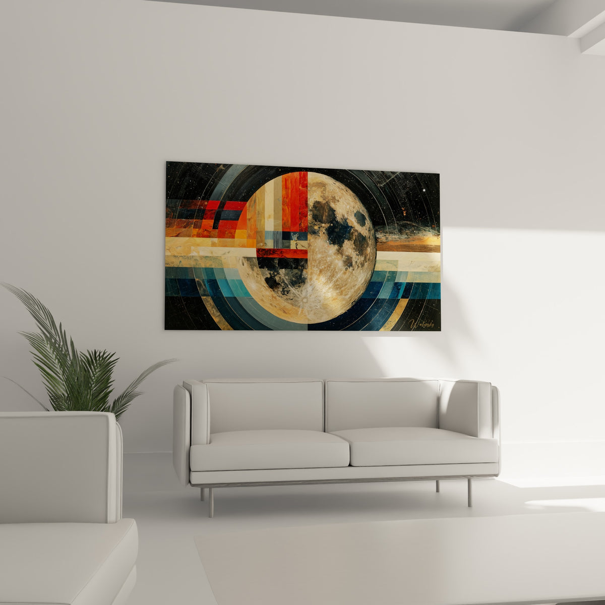 Sphère lunaire beige et anthracite entourée d'arcs bleu pétrole, au-dessus d'un canapé dans un salon lumineux