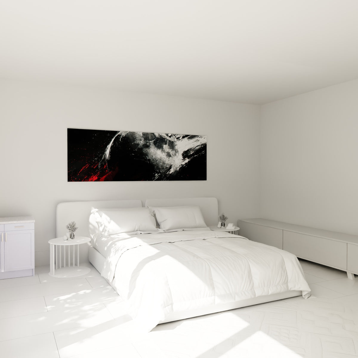 Cratères lunaires gris et traînées rouges au-dessus d'un lit dans une chambre claire
