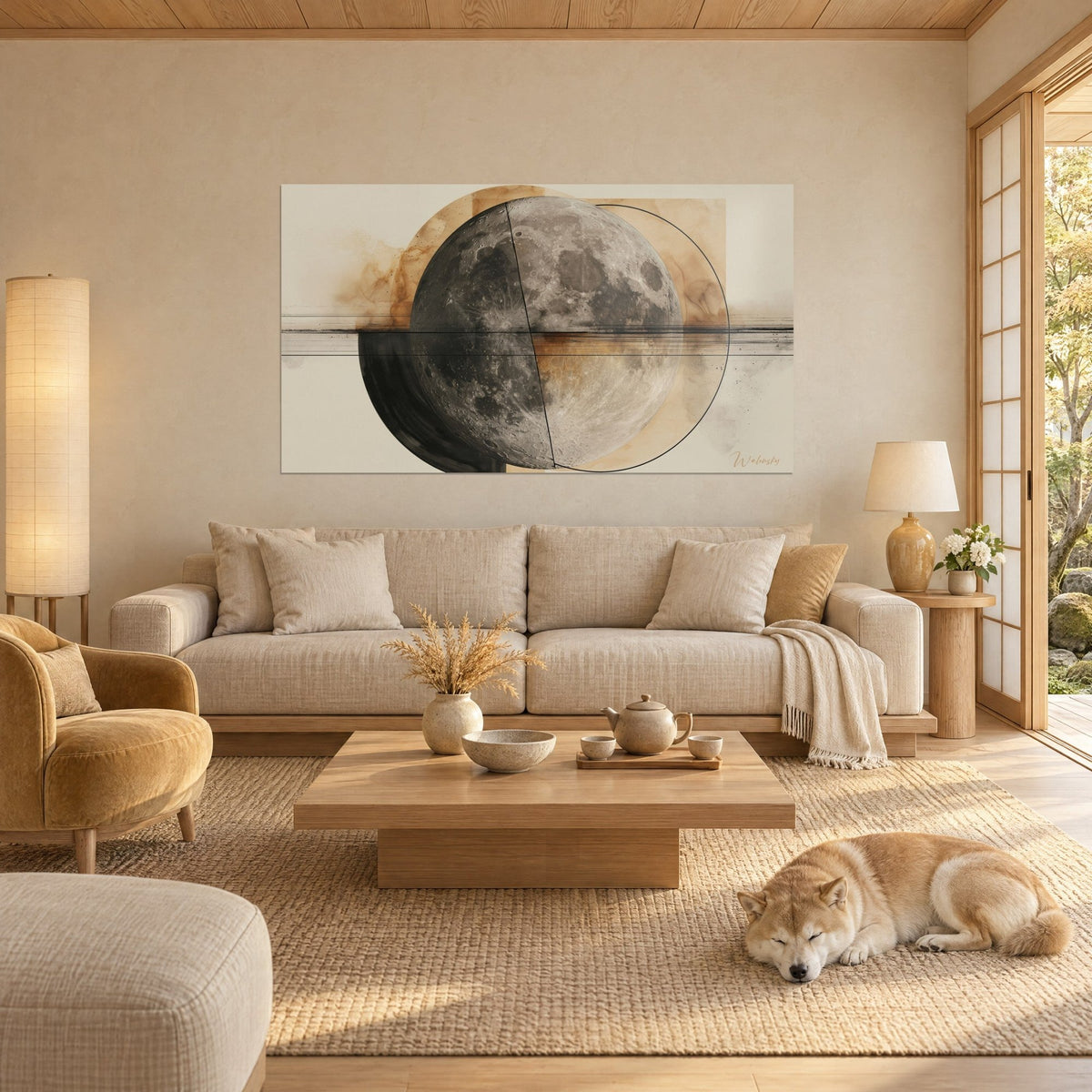 Tableau pleine lune grise striée d'ocre et d'un fin cercle noir, shiba endormi sur le tapis, au-dessus d'un canapé dans un salon lumineux