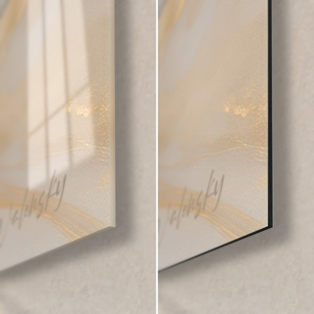 Gemälde Satellit in Creme und Gold, untere rechte Ecke: glänzendes Acrylglas mit Reflexen, mattschwarzes Dibond-Aluminium, 3 mm Kante