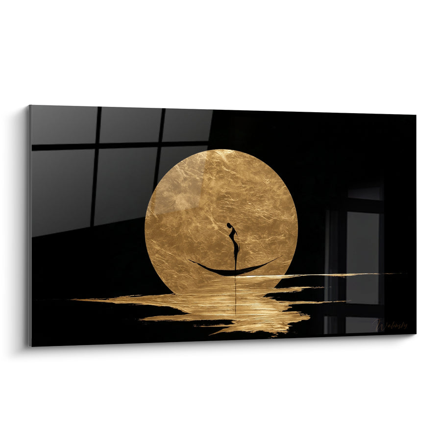 Tableau Silhouette dorée sur pleine lune noire - Traversée silencieuse - Edition Lune