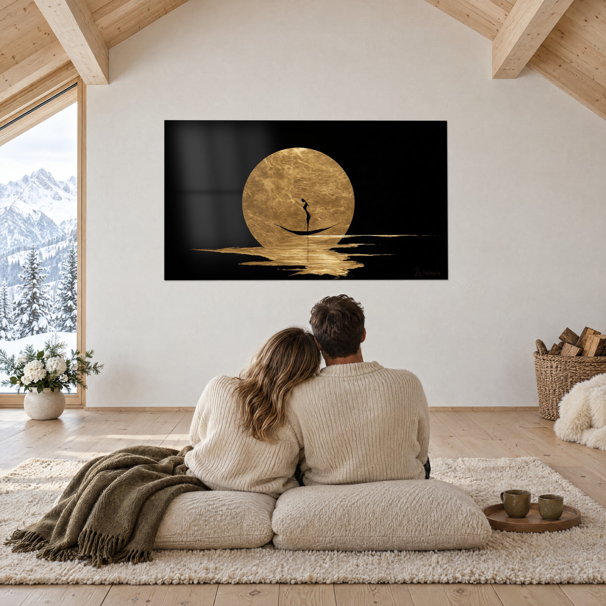 Tableau croissant de lumière miroitante sous une pleine lune cuivrée, silhouette noire dans sa barque, salon chalet enneigé