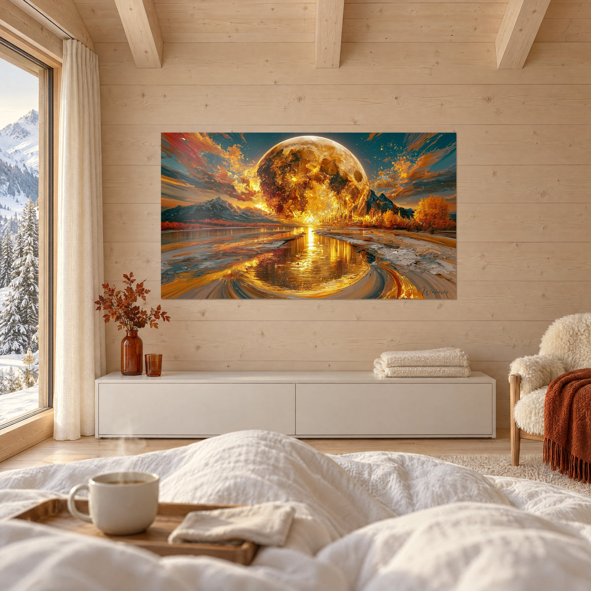 Tableau satellite flamboyant sur montagnes bleutées, nuages rouges et jaunes, un couple de dos, au-dessus d'un lit dans une chambre claire