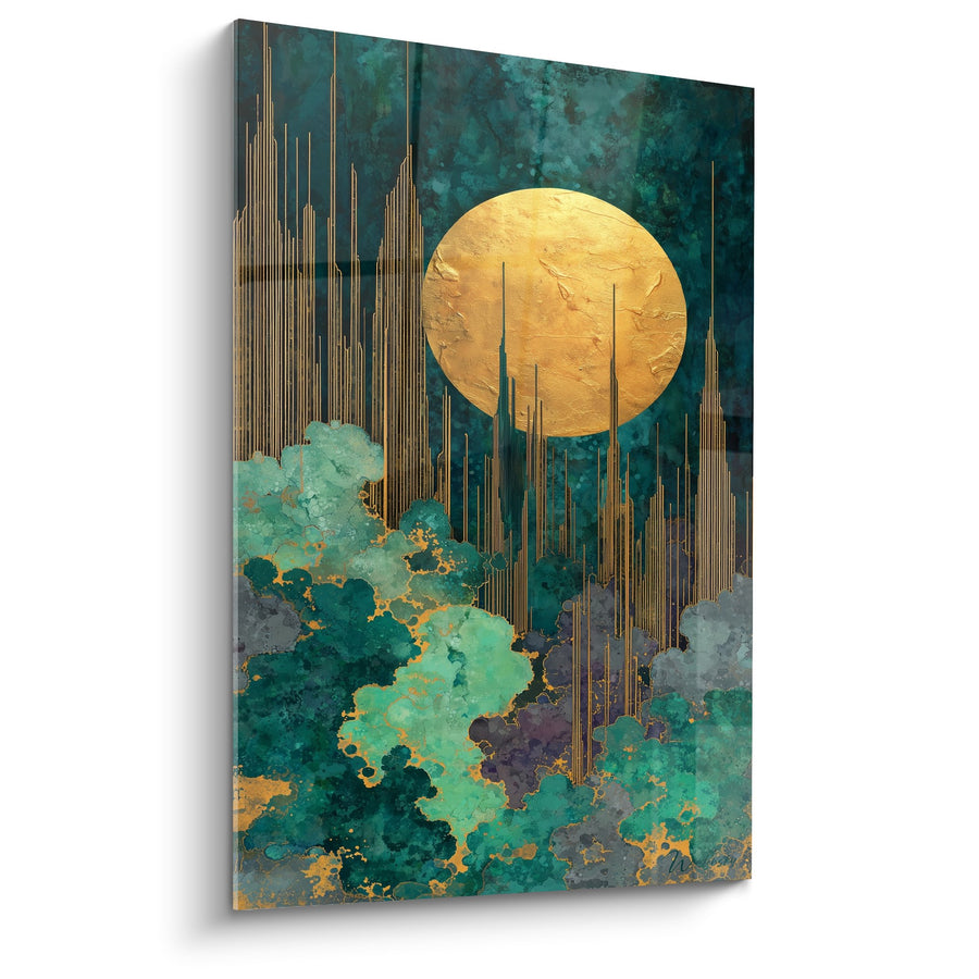 Tableau Lune Dorée et Forêt Turquoise - Harmonie Céleste - Edition Feng shui Sud-Est Bois