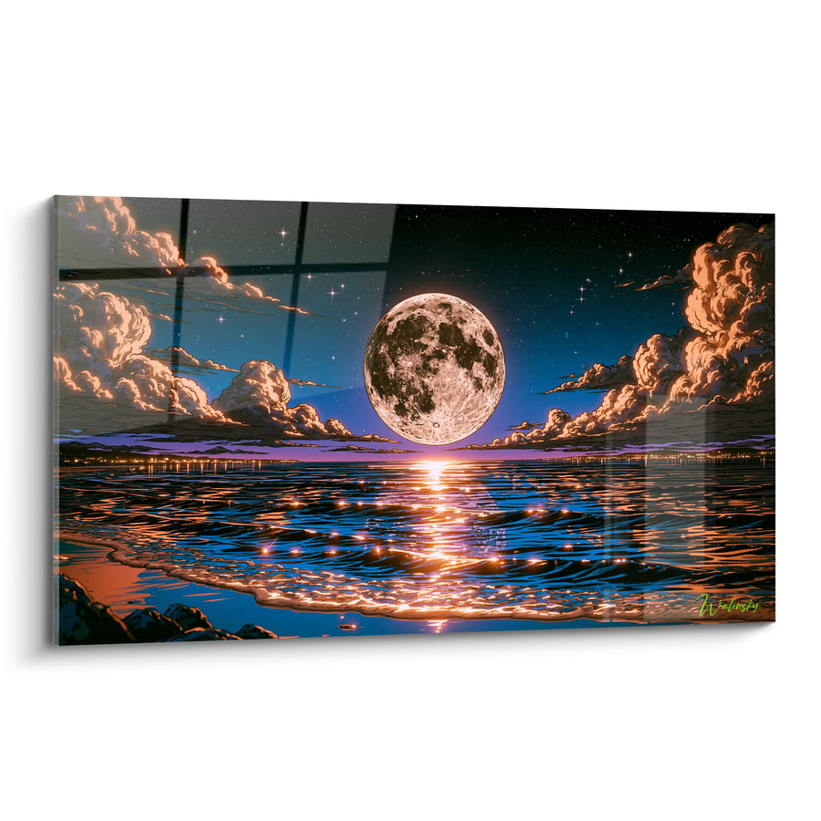 Tableau Pleine lune dorée sur mer bleu nuit - Veillée nocturne - Edition Lune