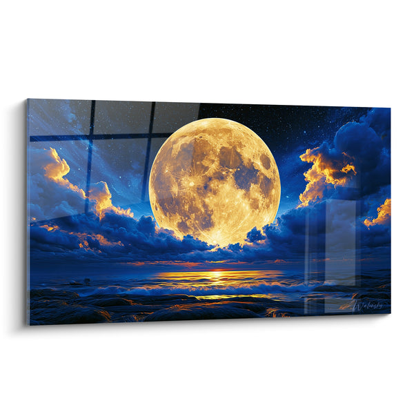 Tableau Lune jaune et bleu nuit sur nuages embrasés - Reflet solaire sur l'océan - Edition Lune