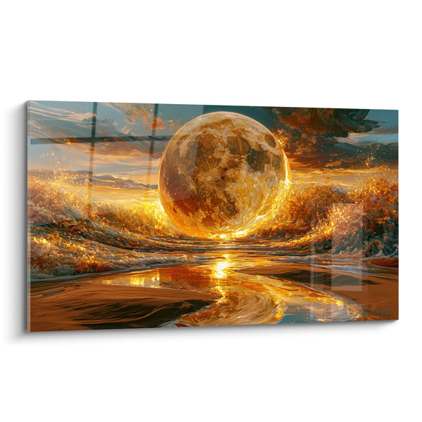 Tableau Lune dorée émergeant de vagues embrasées - Naissance céleste - Edition Lune