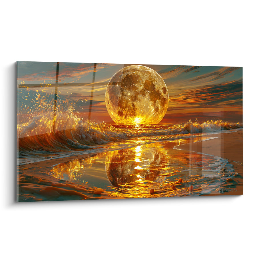 Tableau Lune dorée sur vagues embrasées - Éveil céleste marin - Edition Lune