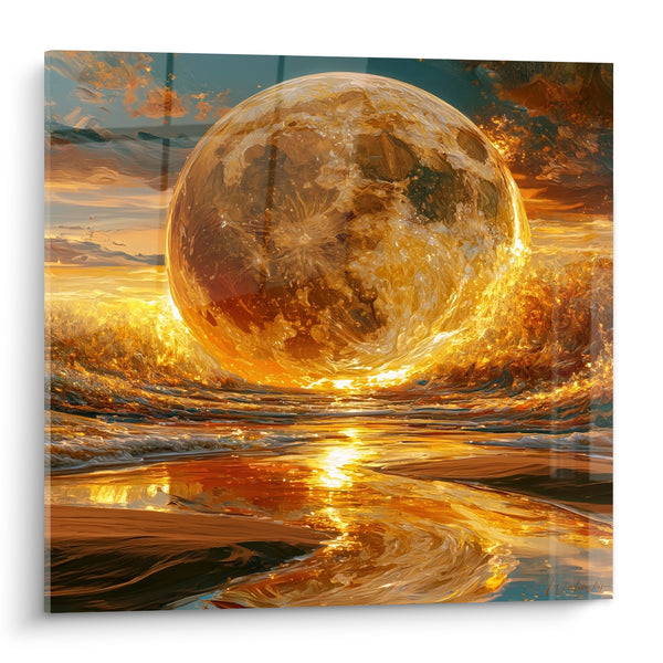 Tableau Lune dorée émergeant des vagues embrasées - Naissance flamboyante - Edition Lune