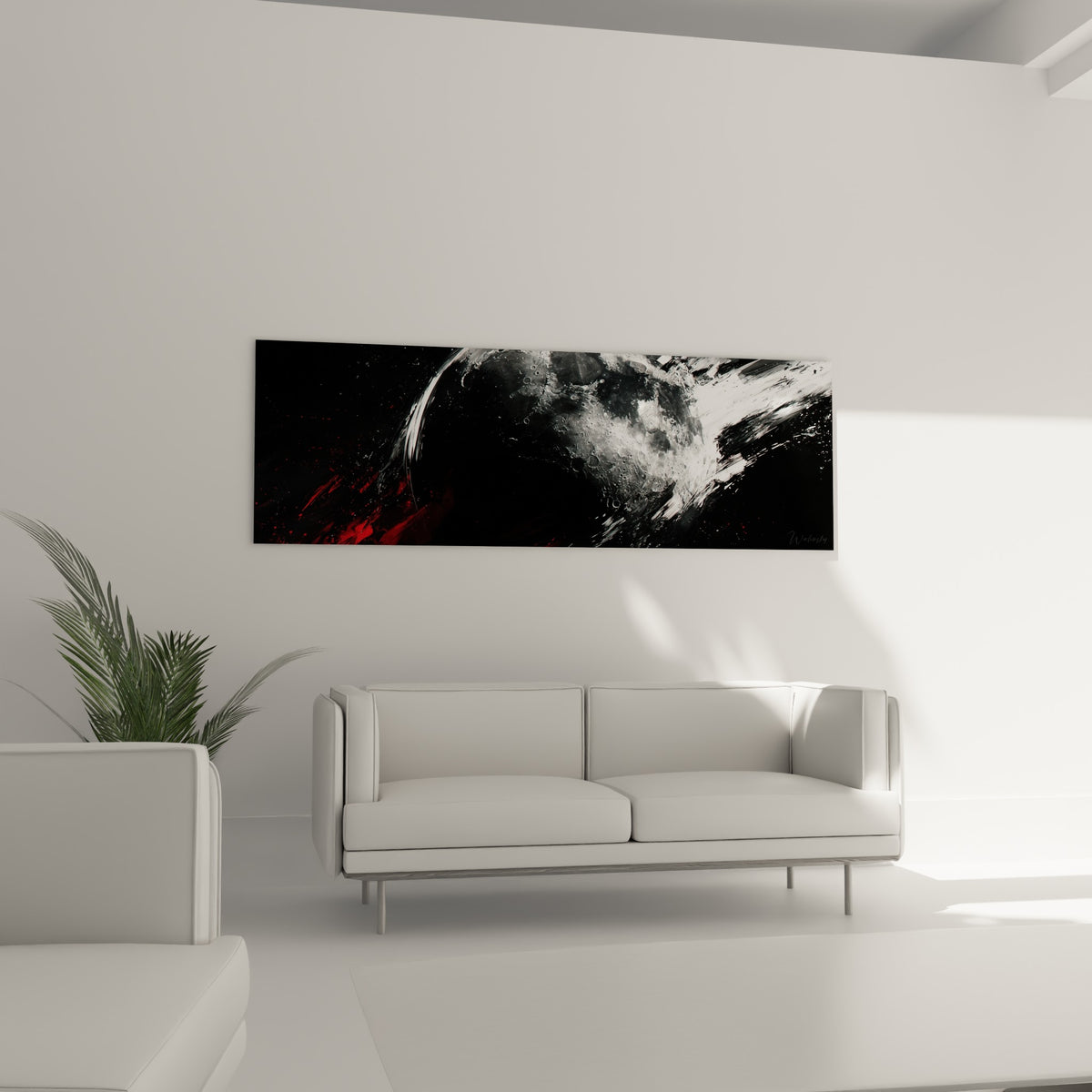 Surface lunaire anthracite balayée de blanc et de rouge au-dessus d'un canapé dans un salon lumineux