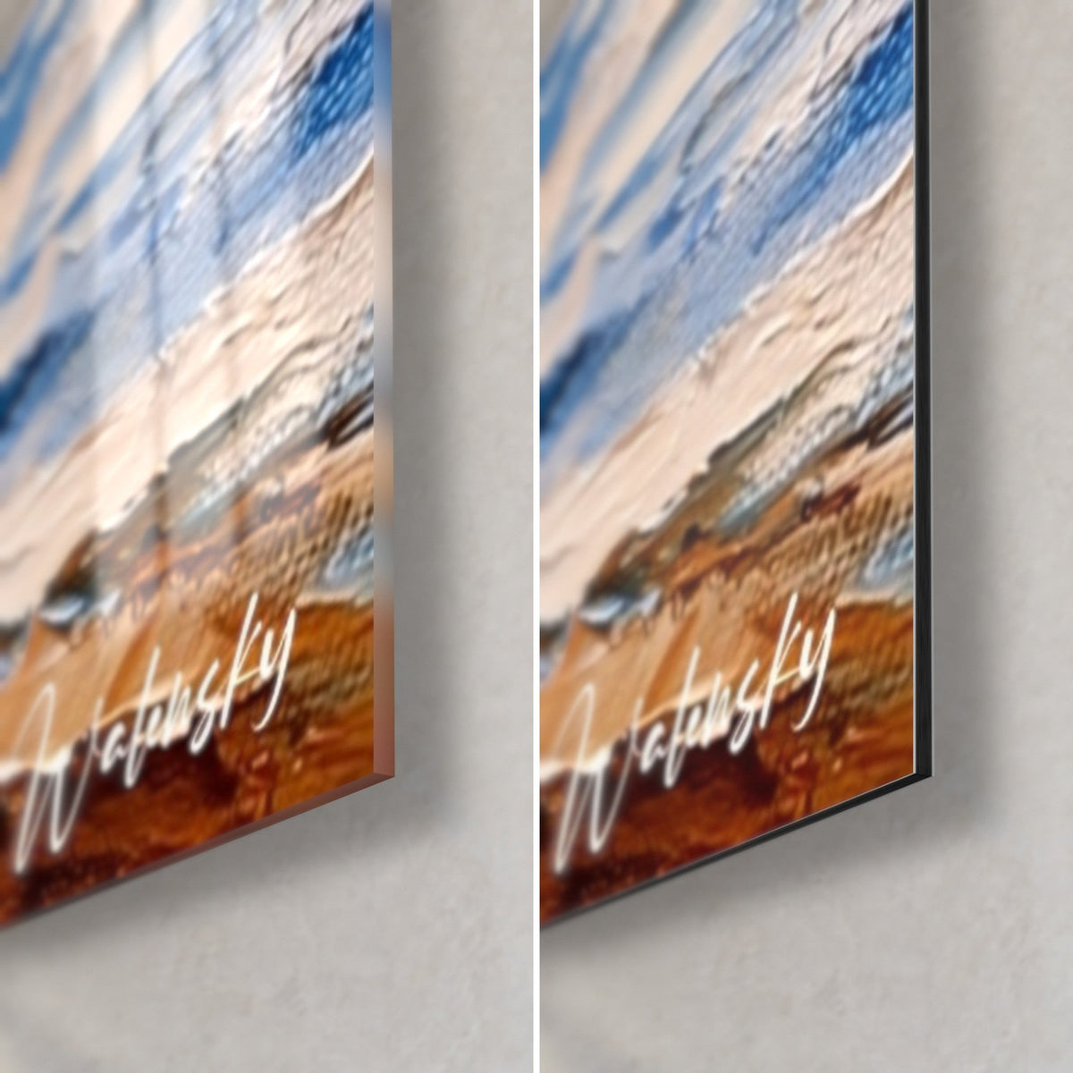 Wall art space traveler and copper-brown floor, glossy glass corner bottom right and matte Dibond aluminium, 3 mm edge