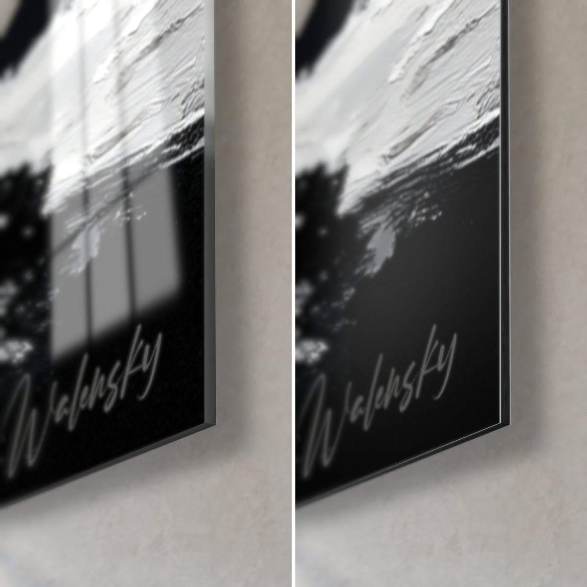 Wall art moon with white and black impasto, bottom right corner: glossy acrylic glass on the left, matte Dibond and 3 mm edge