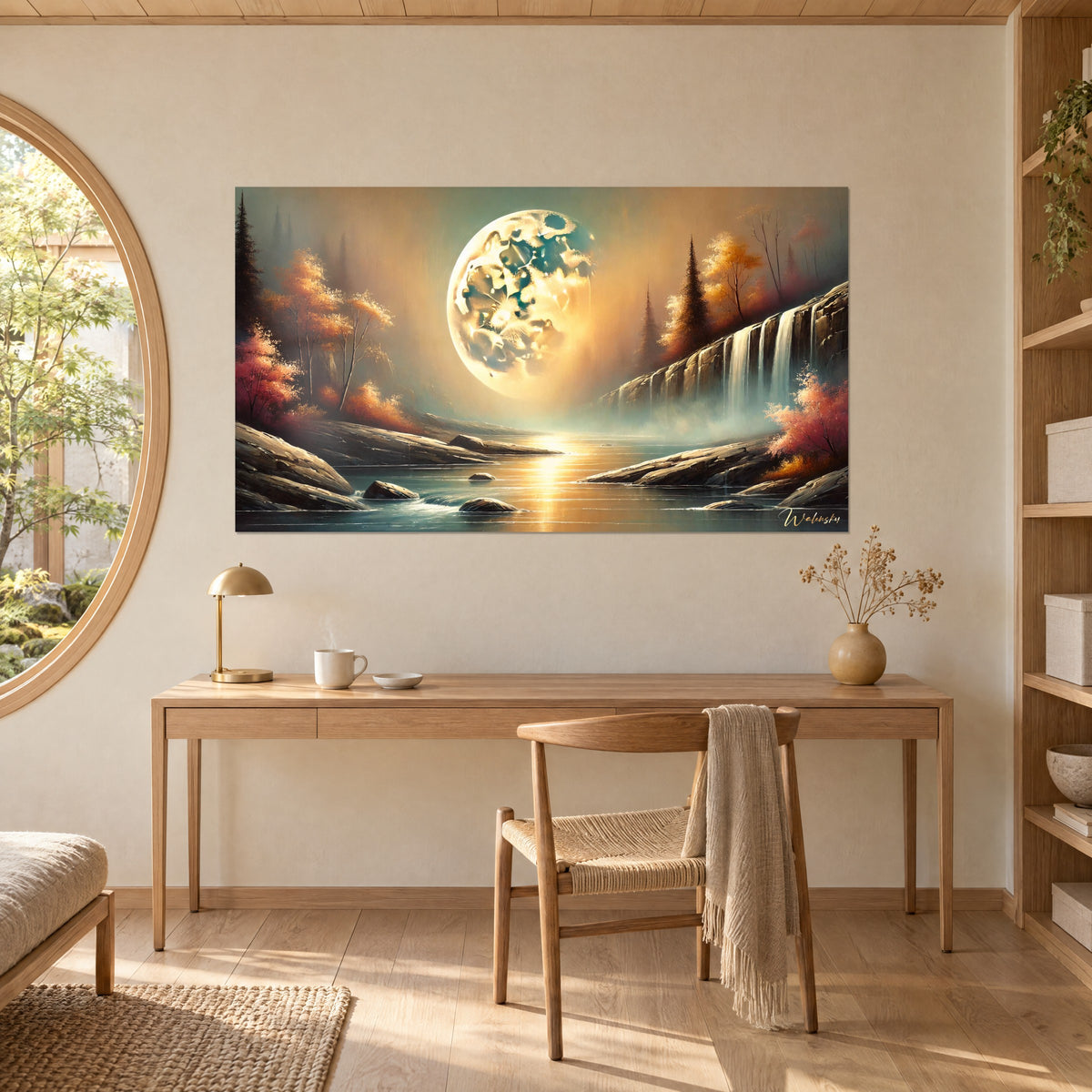 Schilderij Riviergezicht onder een ivoorkleurige maan, witte waterval en oranje en koraalkleurig bladerwerk, boven een bureau van licht hout