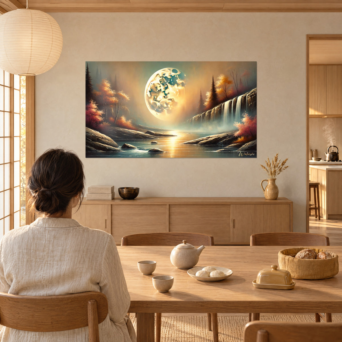 Schilderij Reusachtige maansatelliet, gouden waterloop en nevelige waterval, grijze klif met roze en okerkleurige bomen, japandi-achtig levensmoment