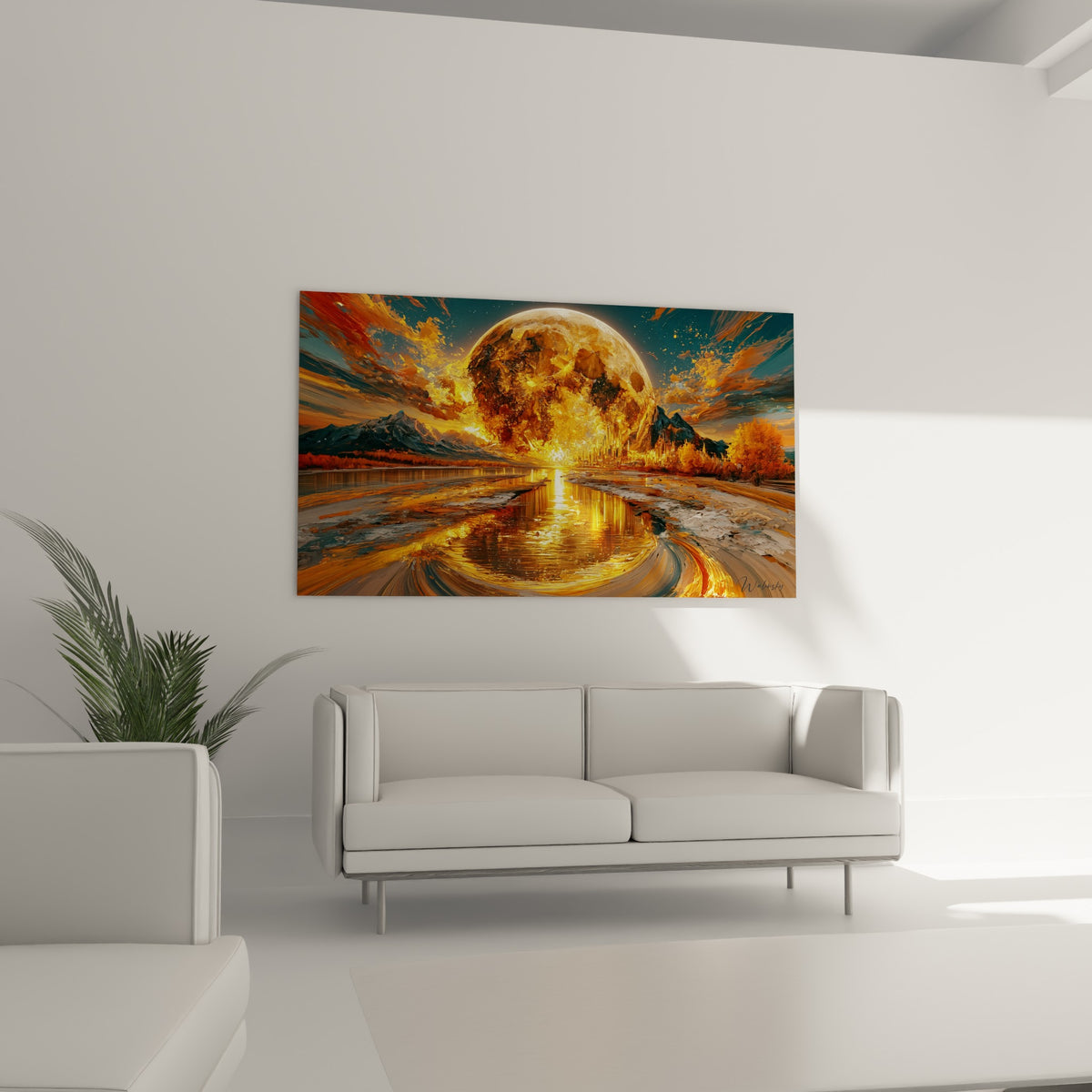 Paysage céleste doré et anthracite avec reflet incandescent, au-dessus d'un canapé dans un salon lumineux