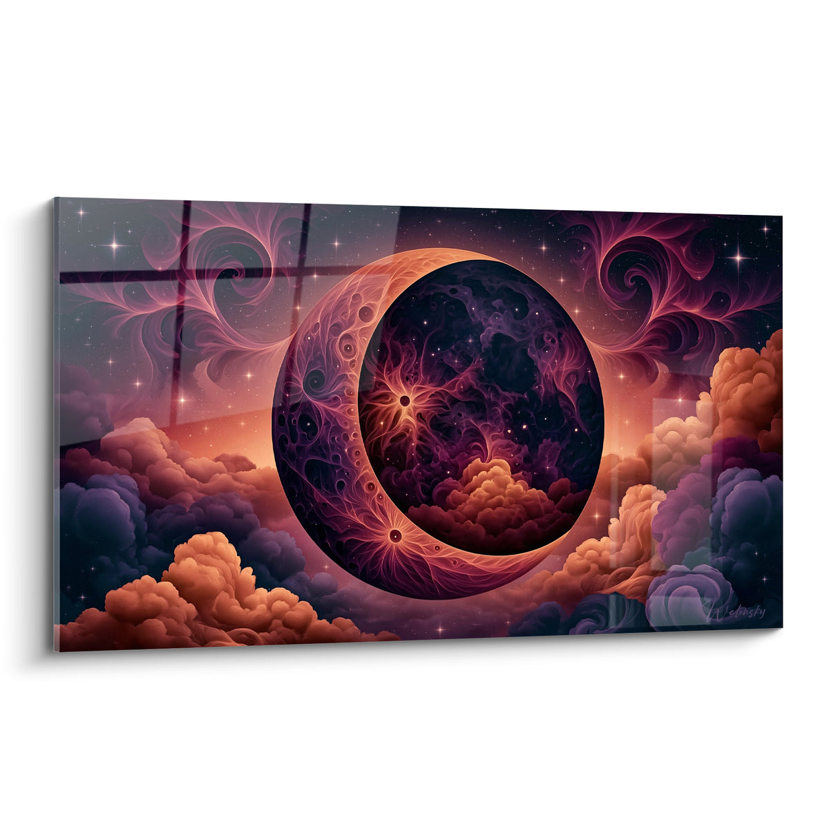 Croissant de lune fractal orange et violet entouré d'étoiles et de nuages nocturnes