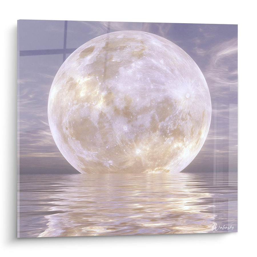 Tableau Lune géante mauve et dorée sur l'océan - Veillée céleste - Edition Lune
