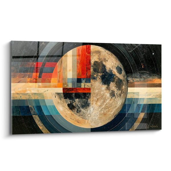 Tableau Lune ocre et bleu pétrole géométrique - Mécanique céleste - Edition Lune