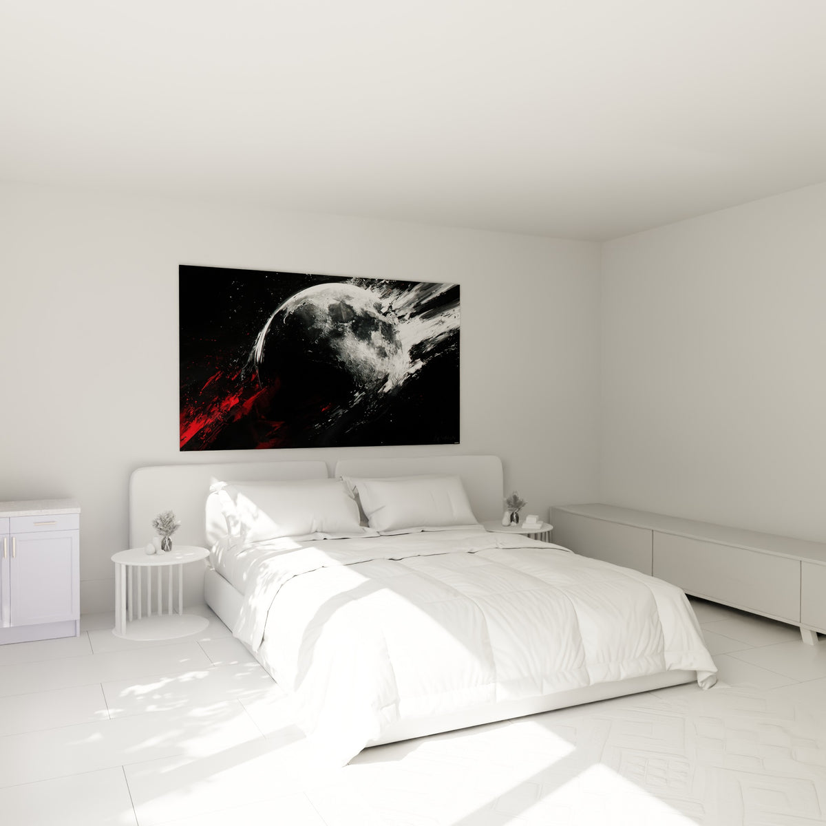 Astre lunaire anthracite éclaboussé de rouge, accroché au-dessus d'un lit dans une chambre claire