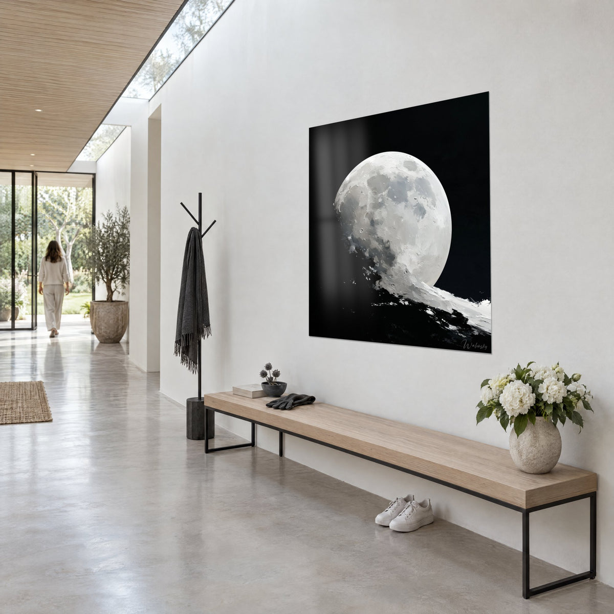 Wall art night star in thick brushstrokes, ivory white and deep black, cream wall, wooden bench and white flowers