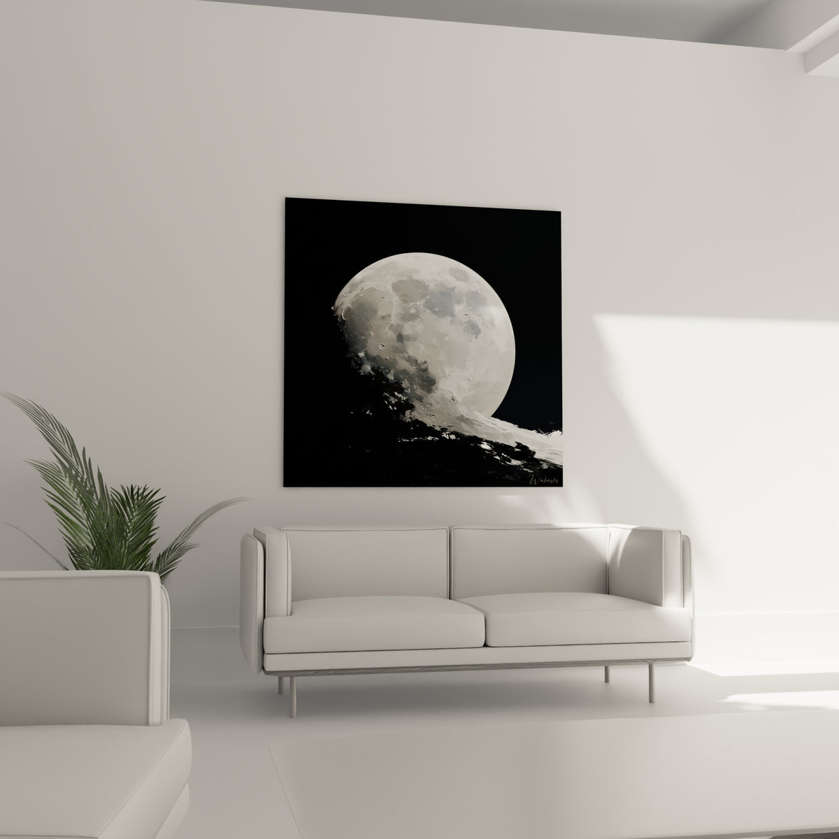 Sphère lunaire nacrée et grise avec traînée blanche, disposée au-dessus d'un canapé dans un salon lumineux