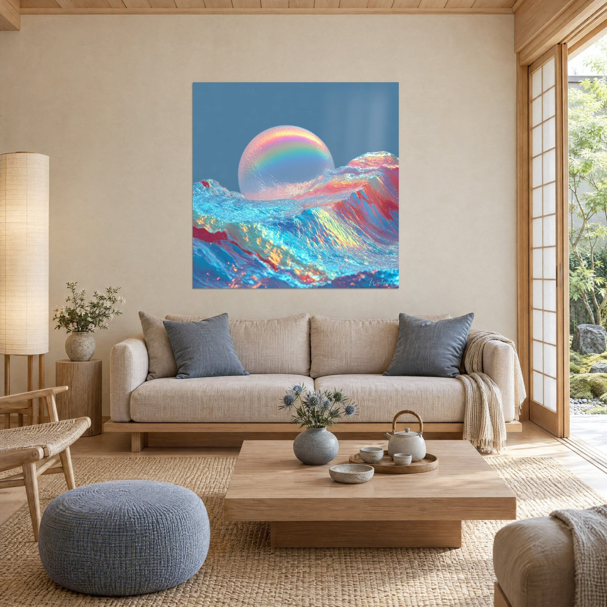 Gemälde irisierende Kugel auf türkisfarbenen und korallenroten Wellen, schieferblauer Himmel, über einem Sofa in einem hellen Wohnzimmer