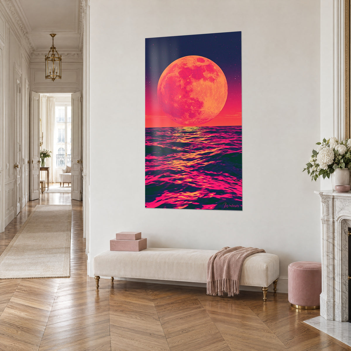 Gemälde Mandarinen-Himmelskörper, der aus einem korallenfarbenen Horizont aufsteigt, fuchsiafarbene Rosé-Reflexe auf dem Wasser, dreiviertel Ansicht in einem Haussmann-Flur