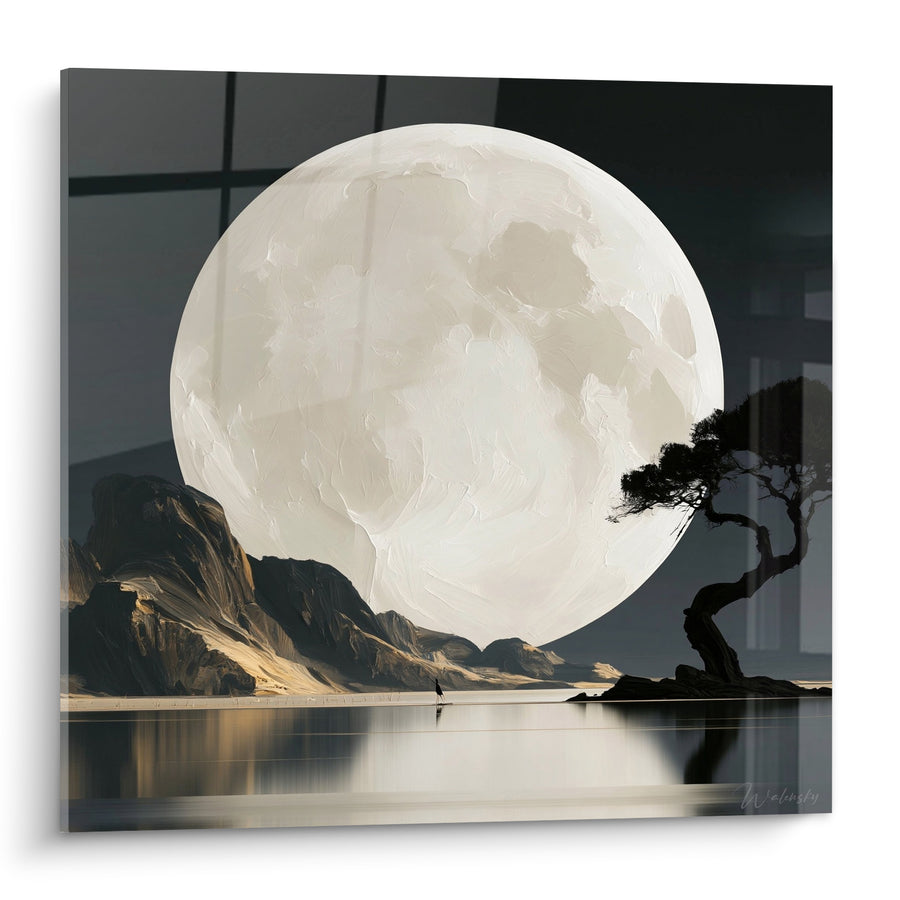 Tableau Lune géante ivoire et anthracite sur lagon - Veille nocturne - Edition Lune