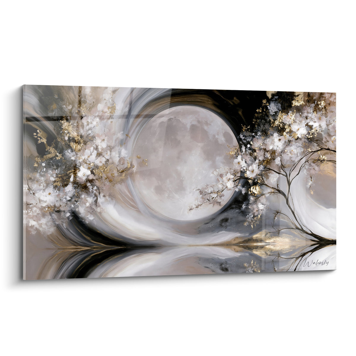 Pleine lune ivoire encadrée de branches fleuries dorées sur fond anthracite tourbillonnant