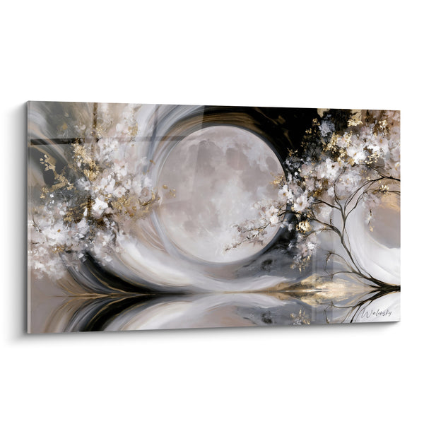 Tableau Pleine lune ivoire et branches fleuries dorées - Nuit fleurie - Edition Lune