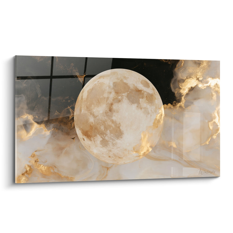 Tableau Pleine lune ivoire et dorée sur fond marbré - Éclipse dorée - Edition Lune