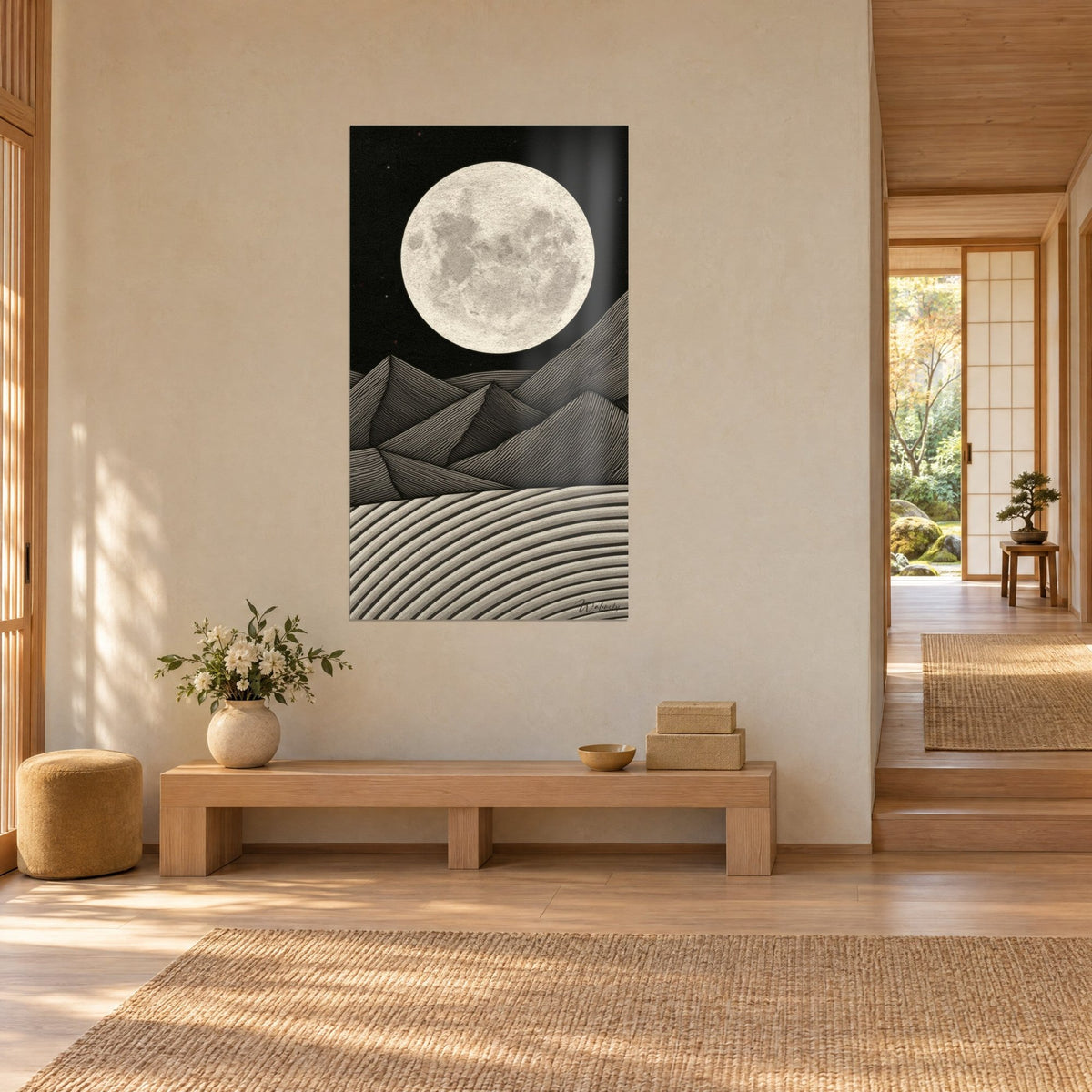 Wall art with a cream lunar disc above black and beige striped ridges, light wood bench, woven rug, Japandi living room in three-quarter view