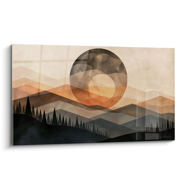 Tableau Montagnes géométriques ocre et anthracite sous un cercle - Crépuscule silencieux - Edition Lune
