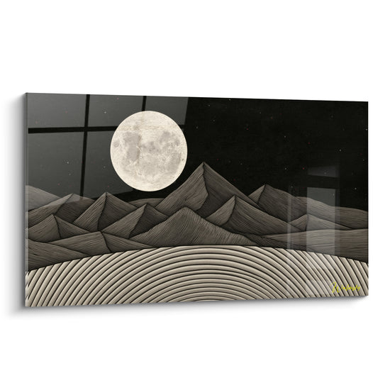 Tableau Montagnes noires et beiges aux lignes gravées - Vagues concentriques dorées - Edition Lune