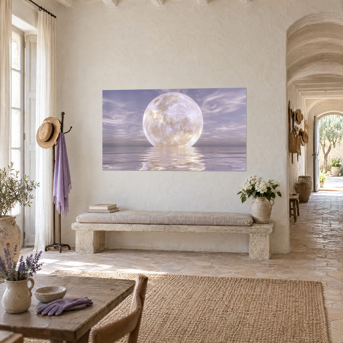 Wall art mother-of-pearl celestial disc reflected on lilac water, veils of parma-coloured clouds, hung above a stone bench, vaulted corridor of the farmhouse
