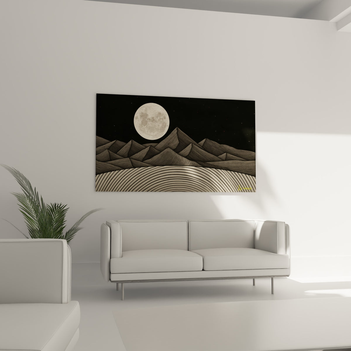 Lune ronde beige surplombant des sommets texturés anthracite, au-dessus d'un canapé dans un salon lumineux