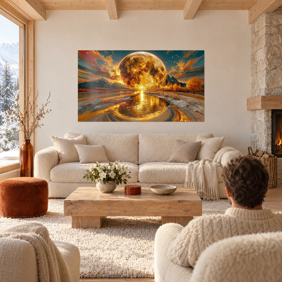 Tableau lune géante dorée, ciel turquoise et rivière orange, un homme de dos, au-dessus d'un canapé dans un salon lumineux