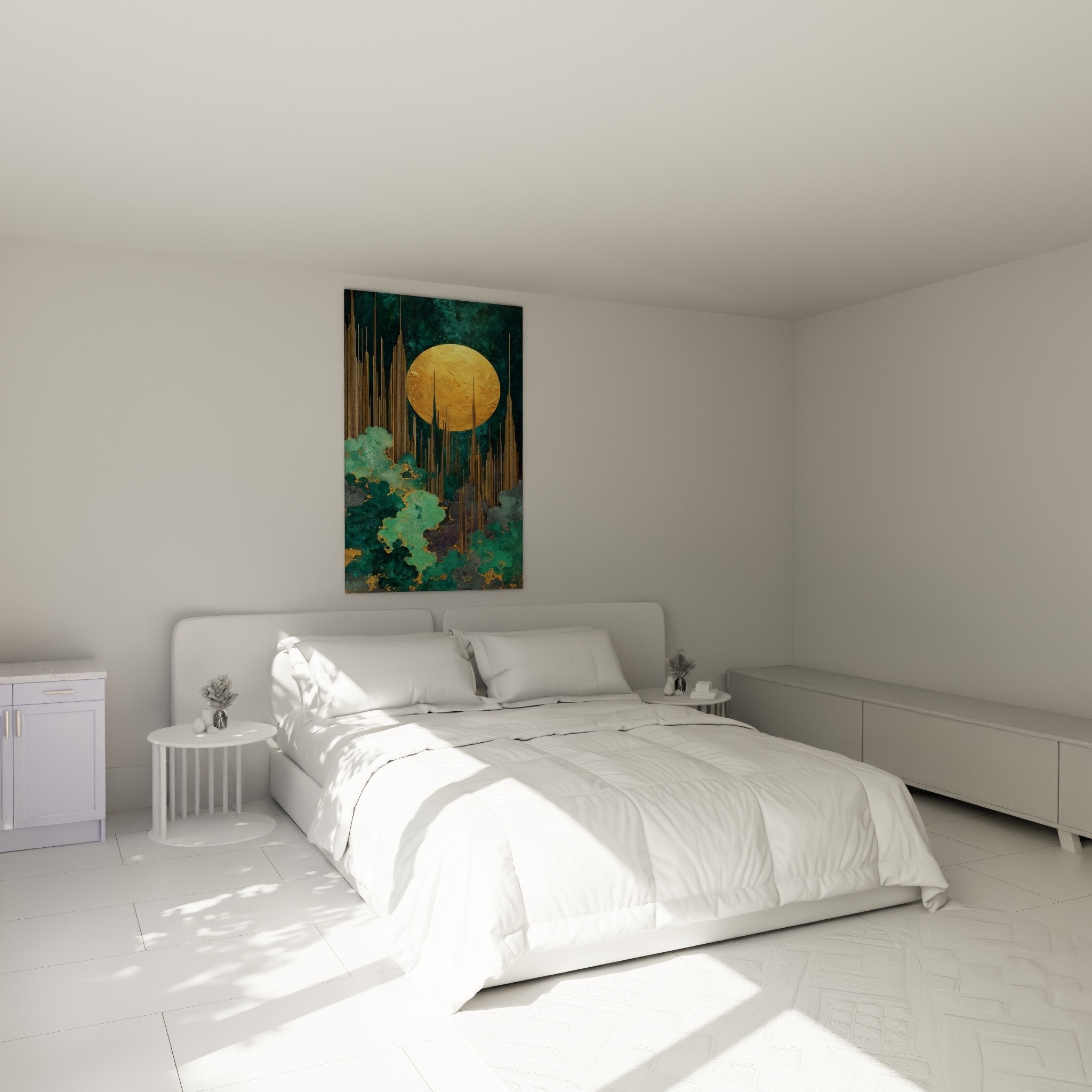 Golden turquoise moon wall art bedroom feng shui southeast wood decor zen nature abstract gold ambiance