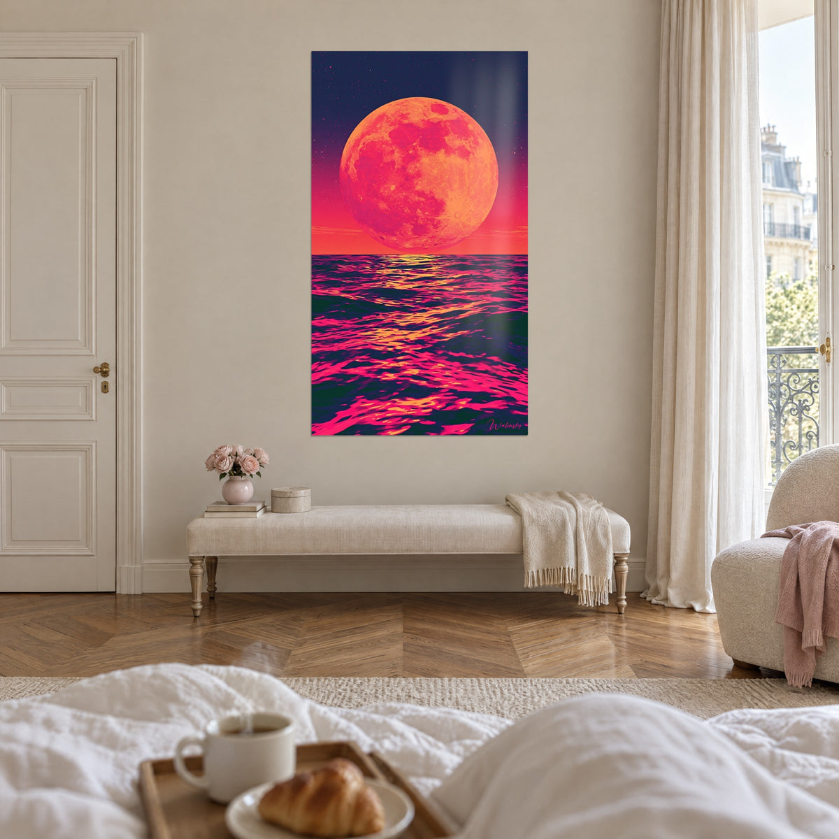Wall art amber satellite with rosy craters, starry violet sky, bright pink sea, above a bed in a light bedroom