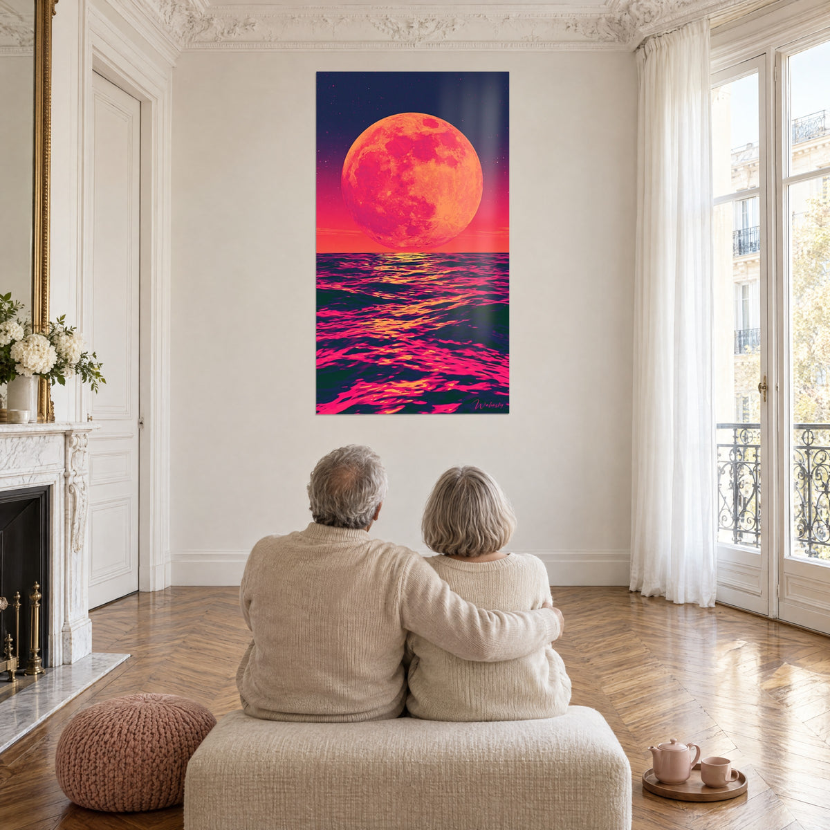 Wall art orange night celestial body with a golden trail over purple waves, a couple seen from behind on a pouf in a large white lounge