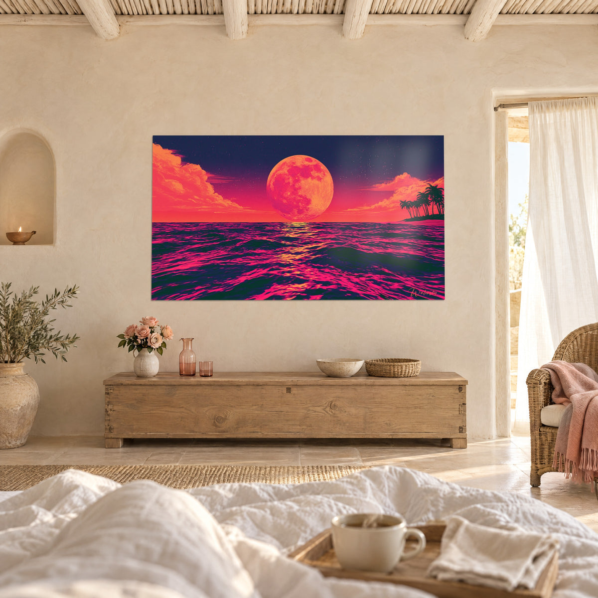 Wall art of a coral sky and violet night where a copper moon disc floats, palm trees on the right, above a bed in a light bedroom