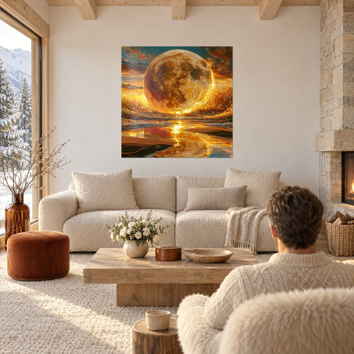 Cuadro luna dorada emergiendo de olas ámbar y turquesa, dos personas de espaldas, encima de un sofá en un salón luminoso