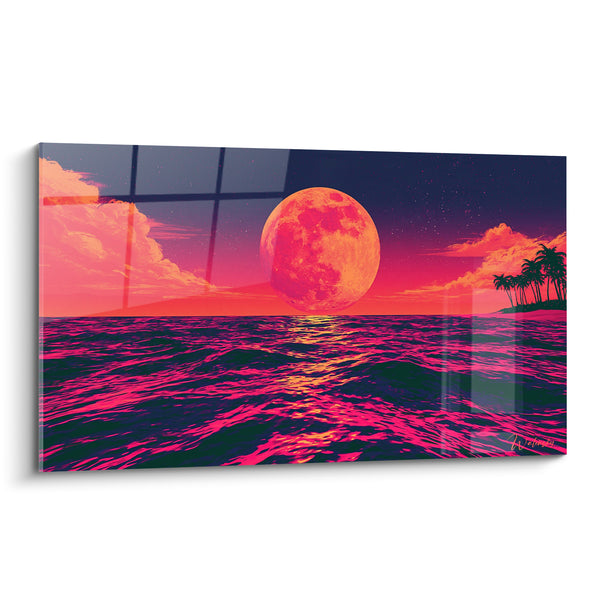 Schilderij Oranje Maan boven Roze en Paarse Oceaan - Brandende Tropische Nacht - Editie Maan